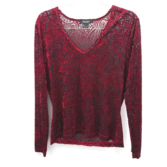 Whimsigoth Karen Kane Red Velvet Paisley Long Sleeve Sheer Top Sz L Goth Punk - Picture 1 of 10